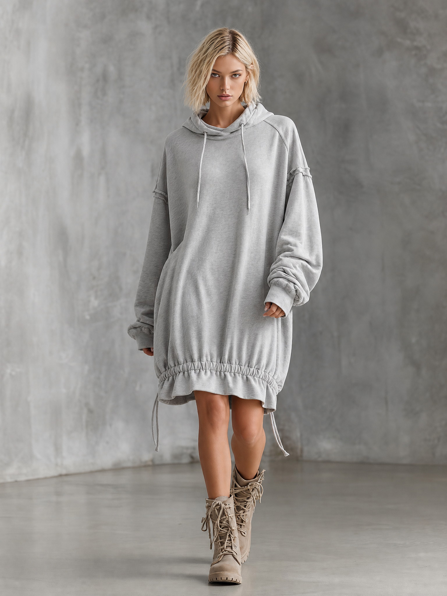 Women's Oversized Drawstring Hem Grey Hoodie Dress MDZ1053I6YZJ