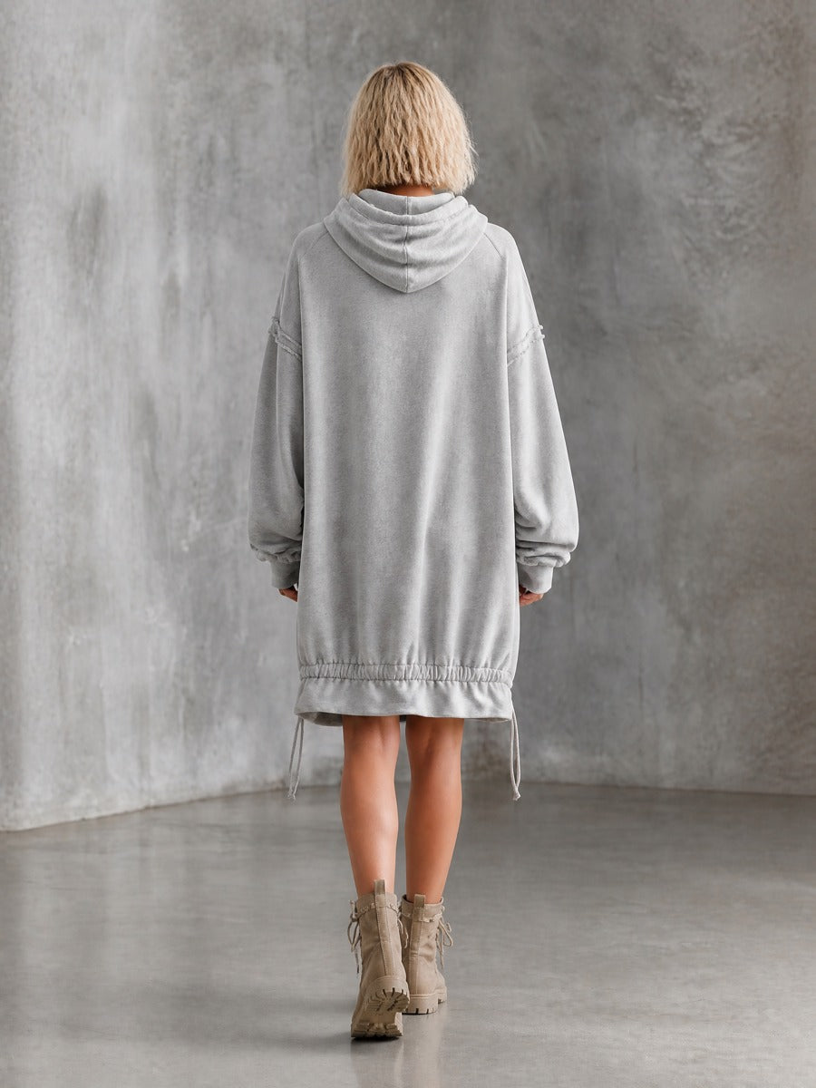 Women's Oversized Drawstring Hem Grey Hoodie Dress MDZ1053I6YZJ