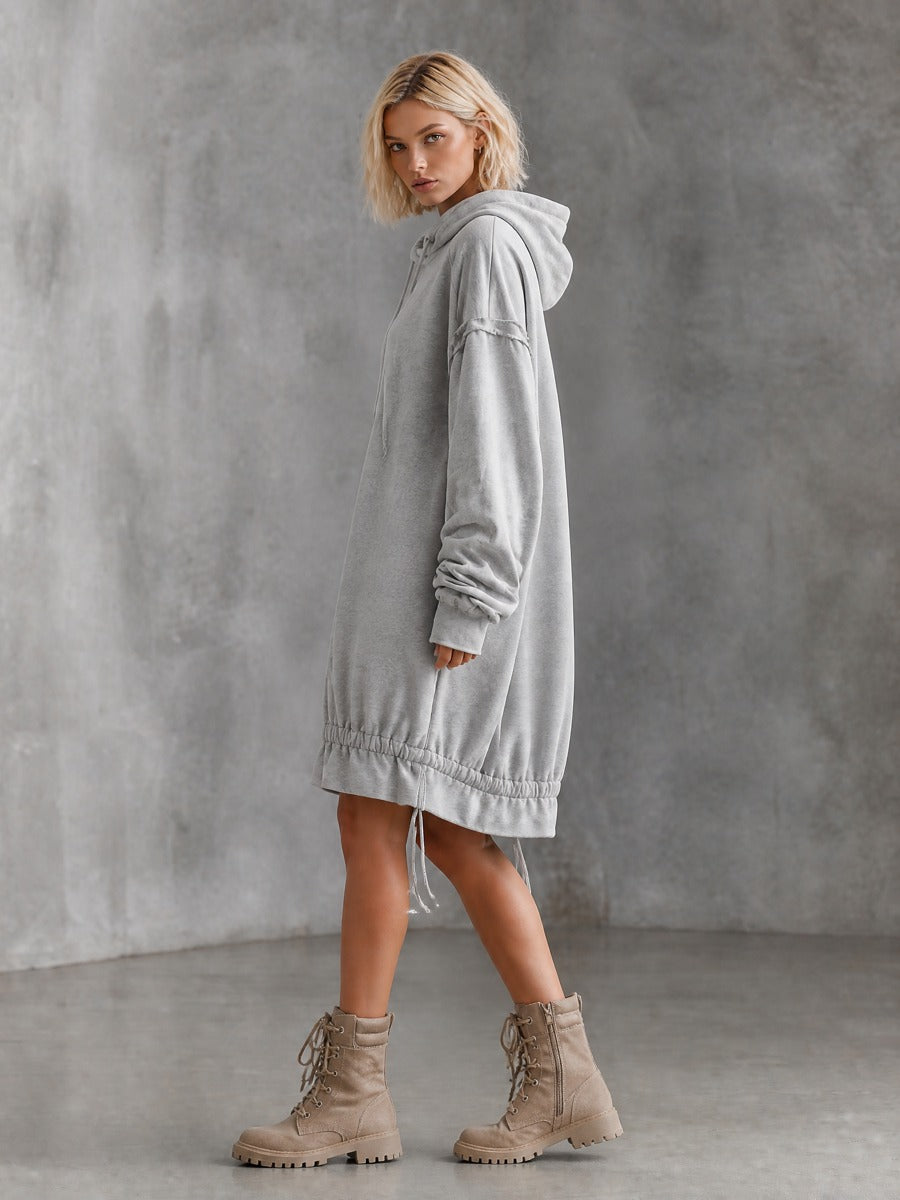 Women's Oversized Drawstring Hem Grey Hoodie Dress MDZ1053I6YZJ