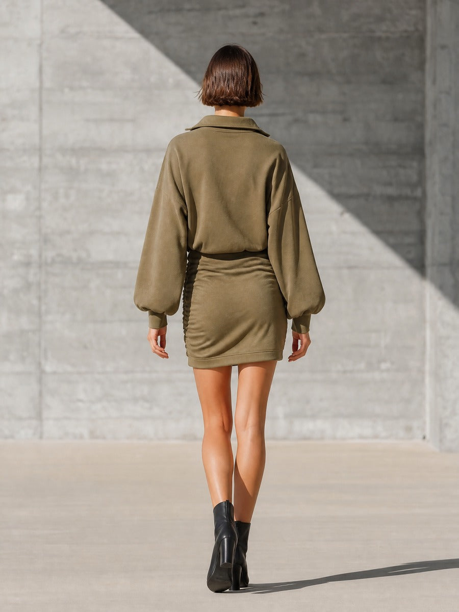 Women's Ruched Drawstring Olive Green Sweatshirt Dress MDZ1012I5YZJ