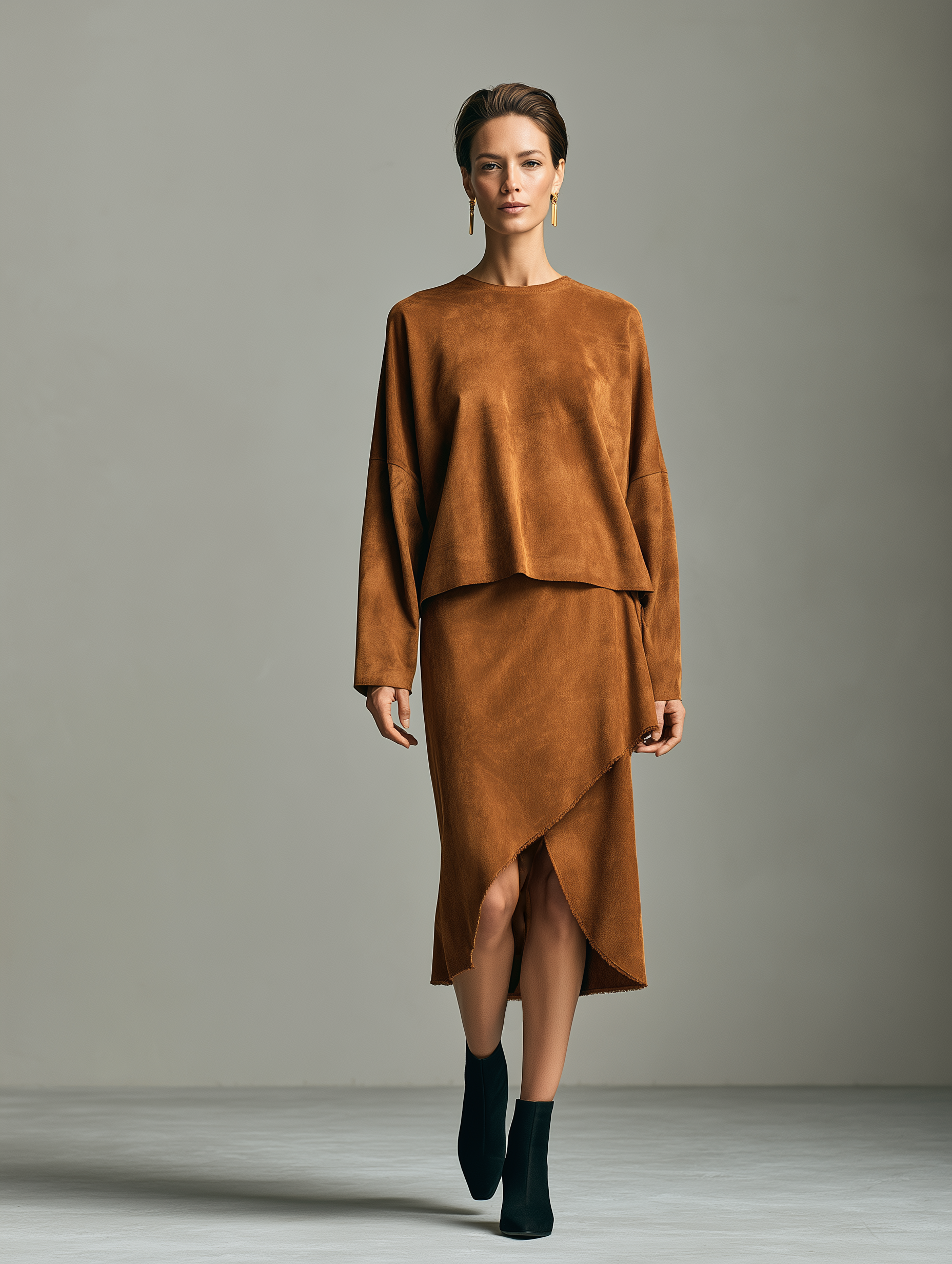 Women's Raw Edge Asymmetric Hem Brown Set MDZ1093I4YZJ