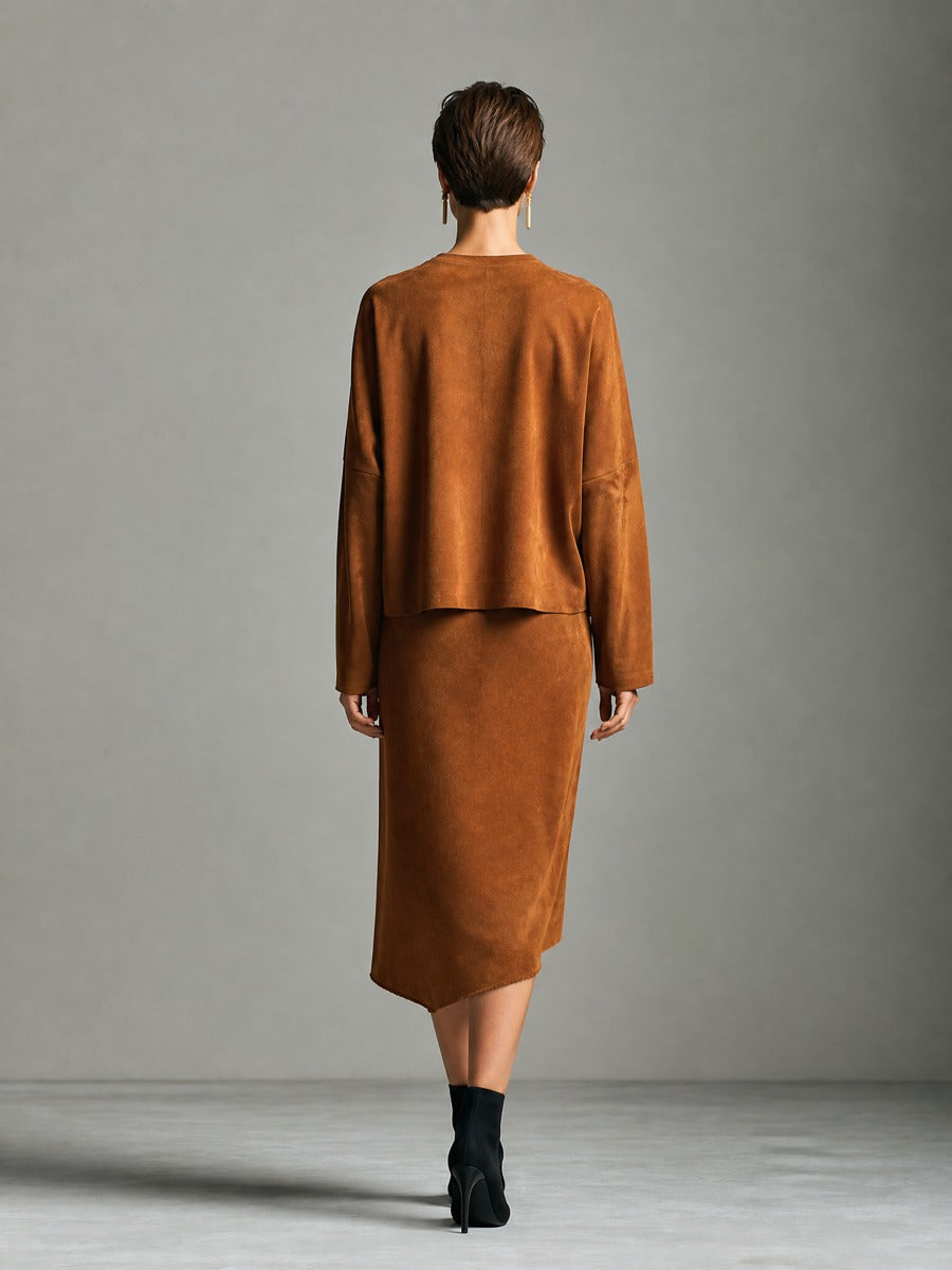 Women's Raw Edge Asymmetric Hem Brown Set MDZ1093I4YZJ