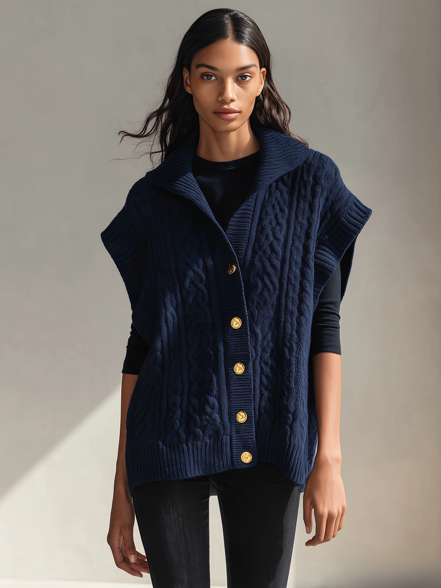 Women's Sleeveless Cable-Knit Cardigan With Collar
