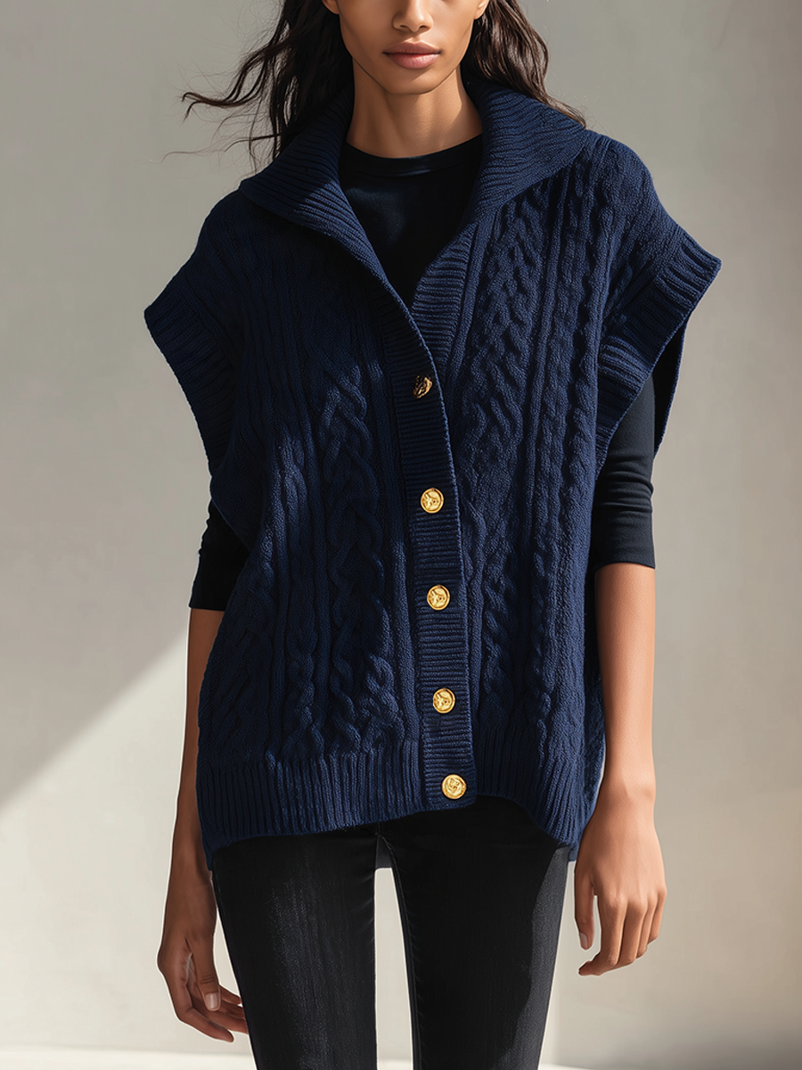Women's Sleeveless Cable-Knit Cardigan With Collar