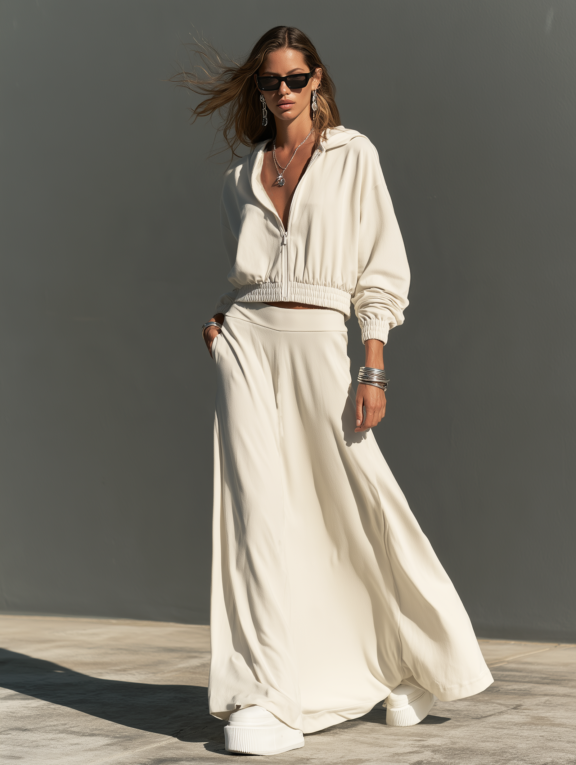Women's Casual Two-Piece Set Featuring An Off-White Long-Sleeved Sweatshirt-Style Jacket And A Skirt