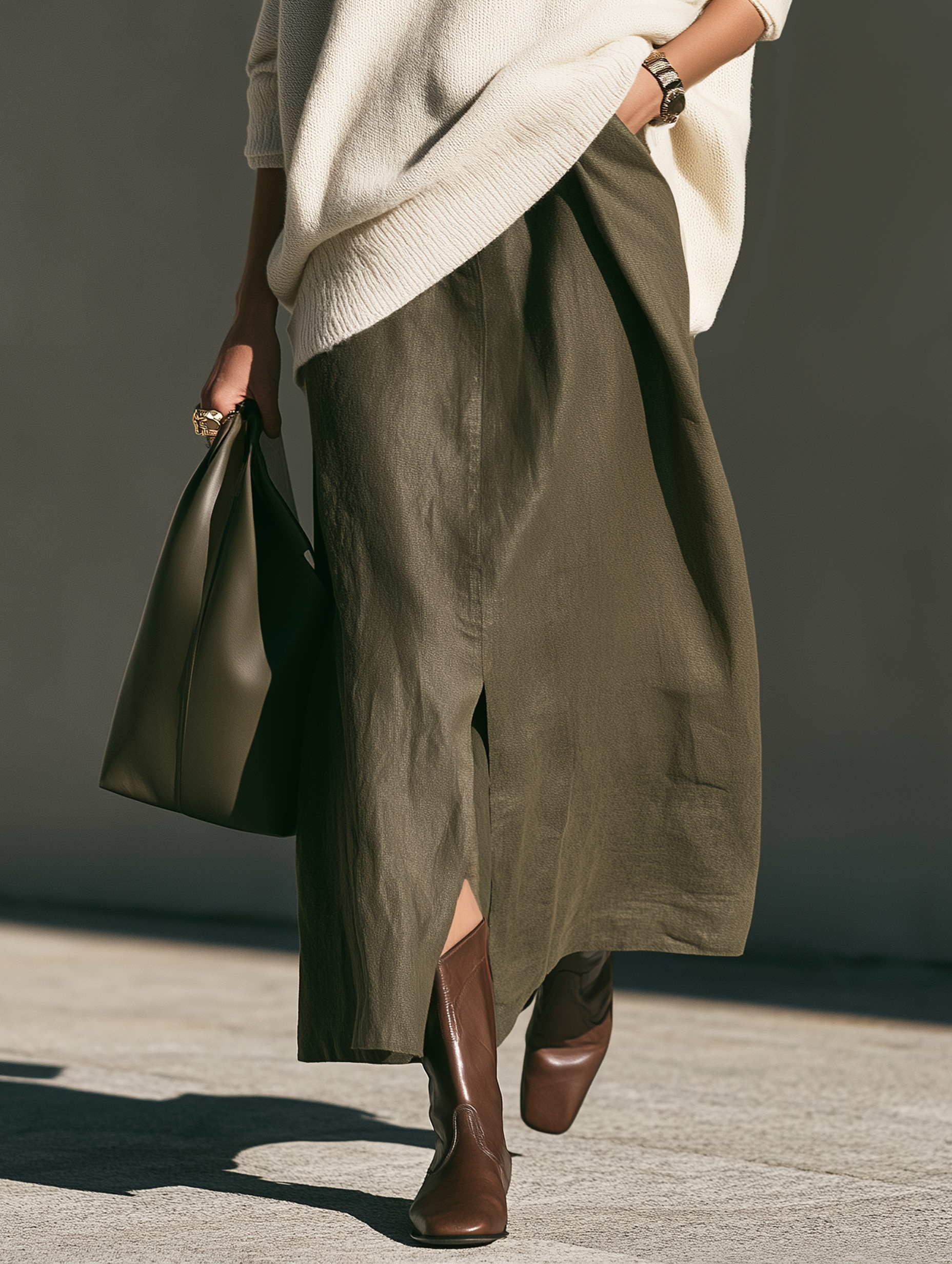 Women's Casual Army Green Cotton-Linen Maxi Skirt