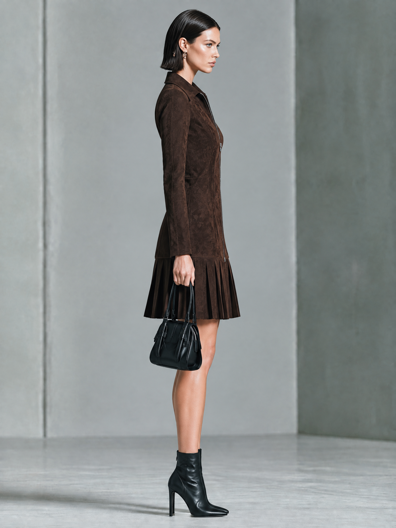 Women's Zip Front Pleated Hem Brown Dress MDZ1094I6YZJ