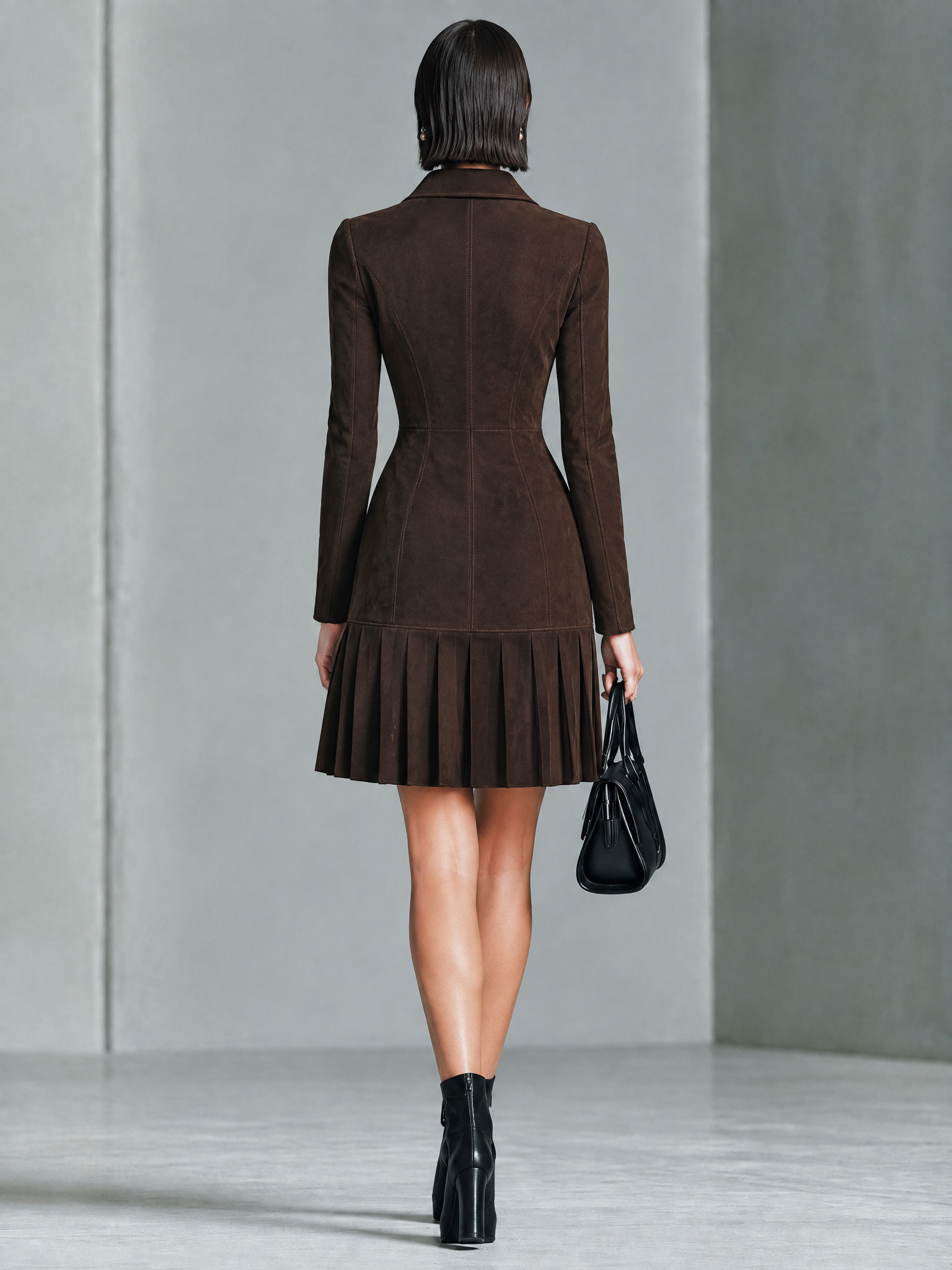 Women's Zip Front Pleated Hem Brown Dress MDZ1094I6YZJ