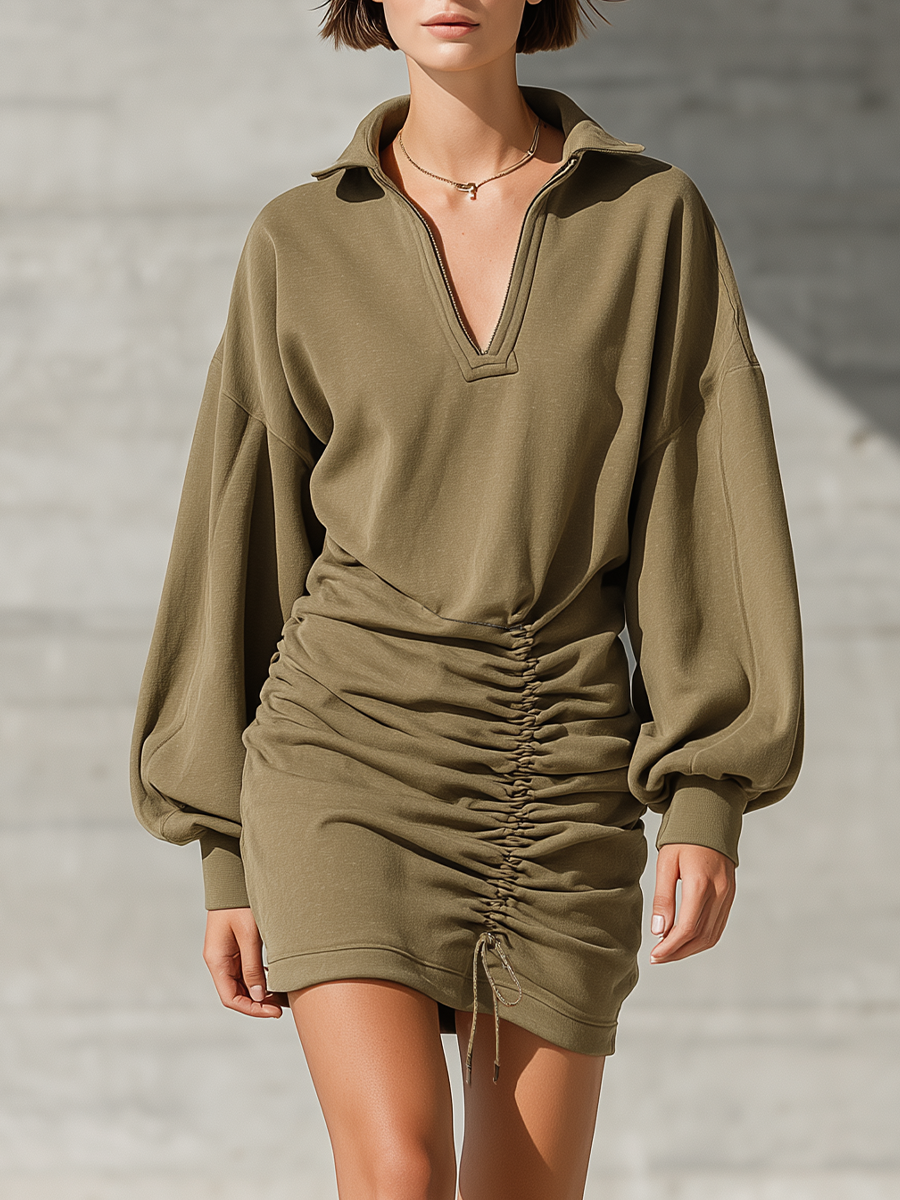 Women's Ruched Drawstring Olive Green Sweatshirt Dress MDZ1012I5YZJ