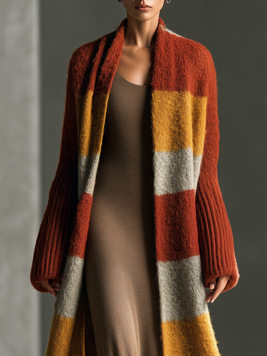 Women's Striped Mohair Rust Orange Duster Cardigan MDZ1099I0YZJ
