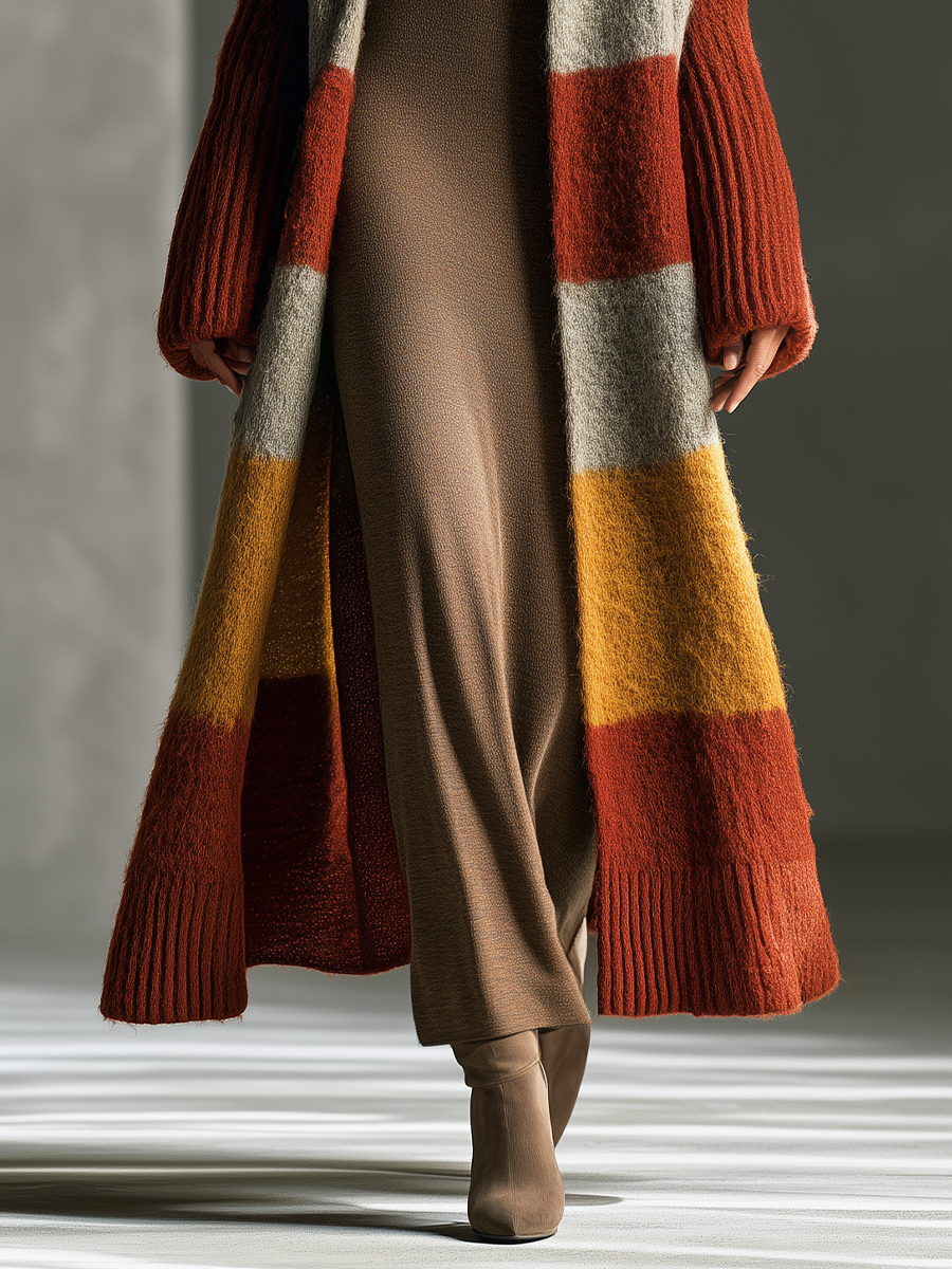 Women's Striped Mohair Rust Orange Duster Cardigan MDZ1099I0YZJ