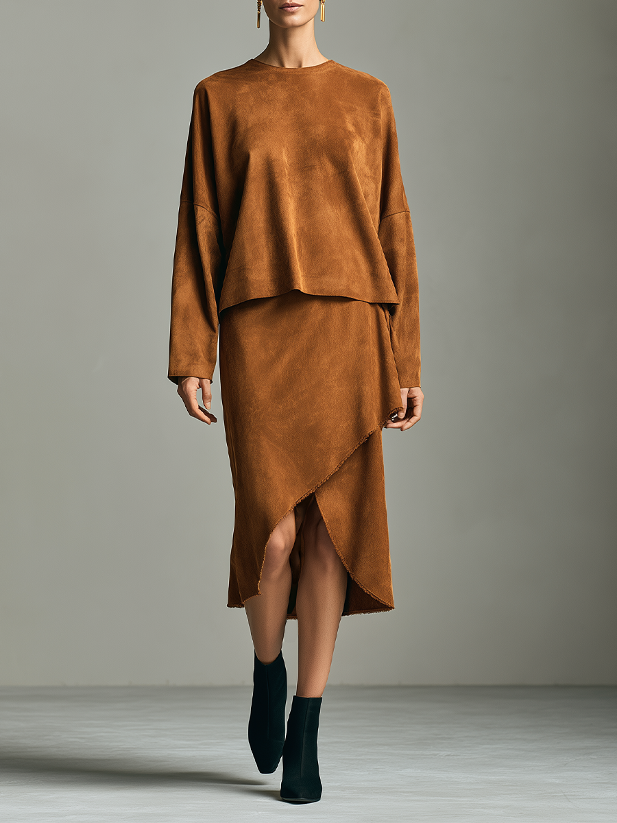 Women's Raw Edge Asymmetric Hem Brown Set MDZ1093I4YZJ