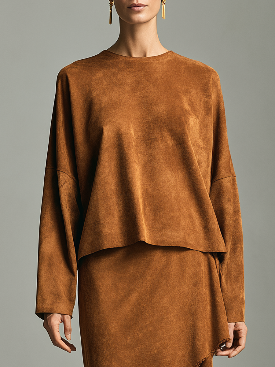 Women's Raw Edge Asymmetric Hem Brown Set MDZ1093I4YZJ