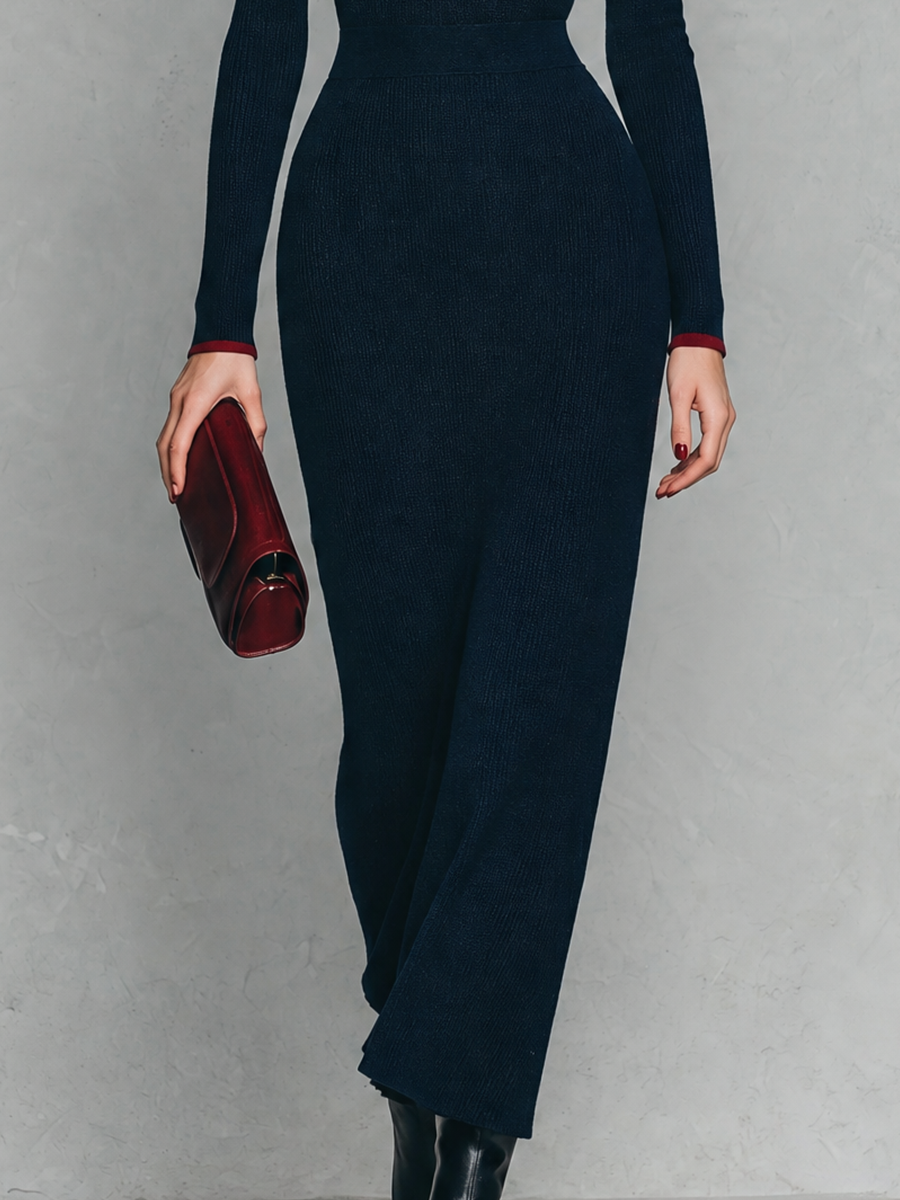 Women's Contrast Collar Ribbed Knit Navy Maxi Dress MDZ1062I5YZJ