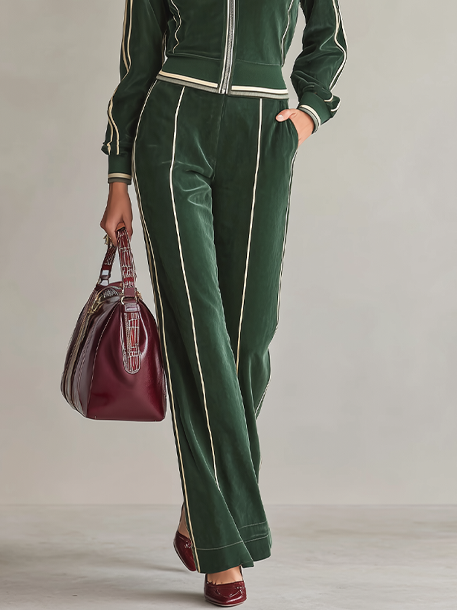 Women's Slim Velvet Track Suit Dark Green Daily Outfit
