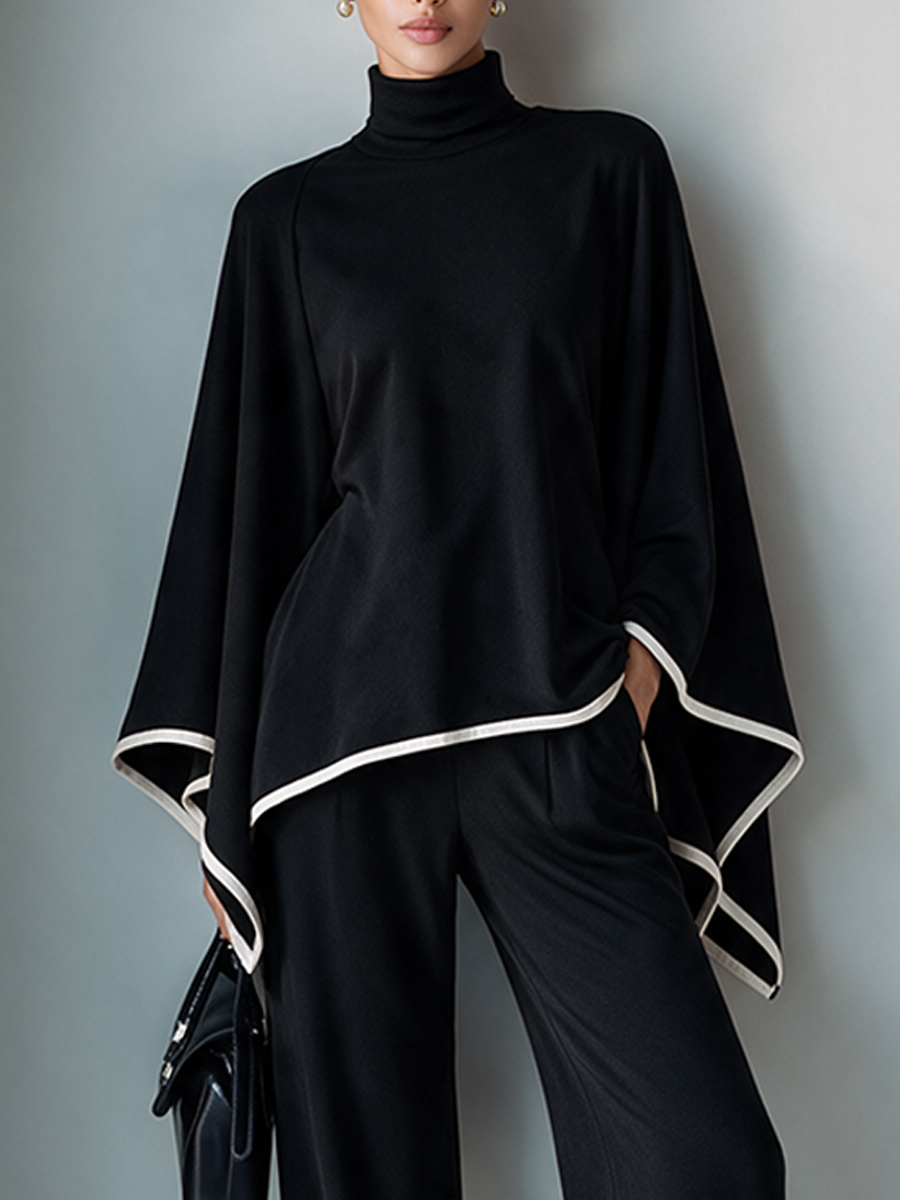 Women's High-Neck Long-Sleeve Set With Cape-Style Sleeves And Contrast Trim