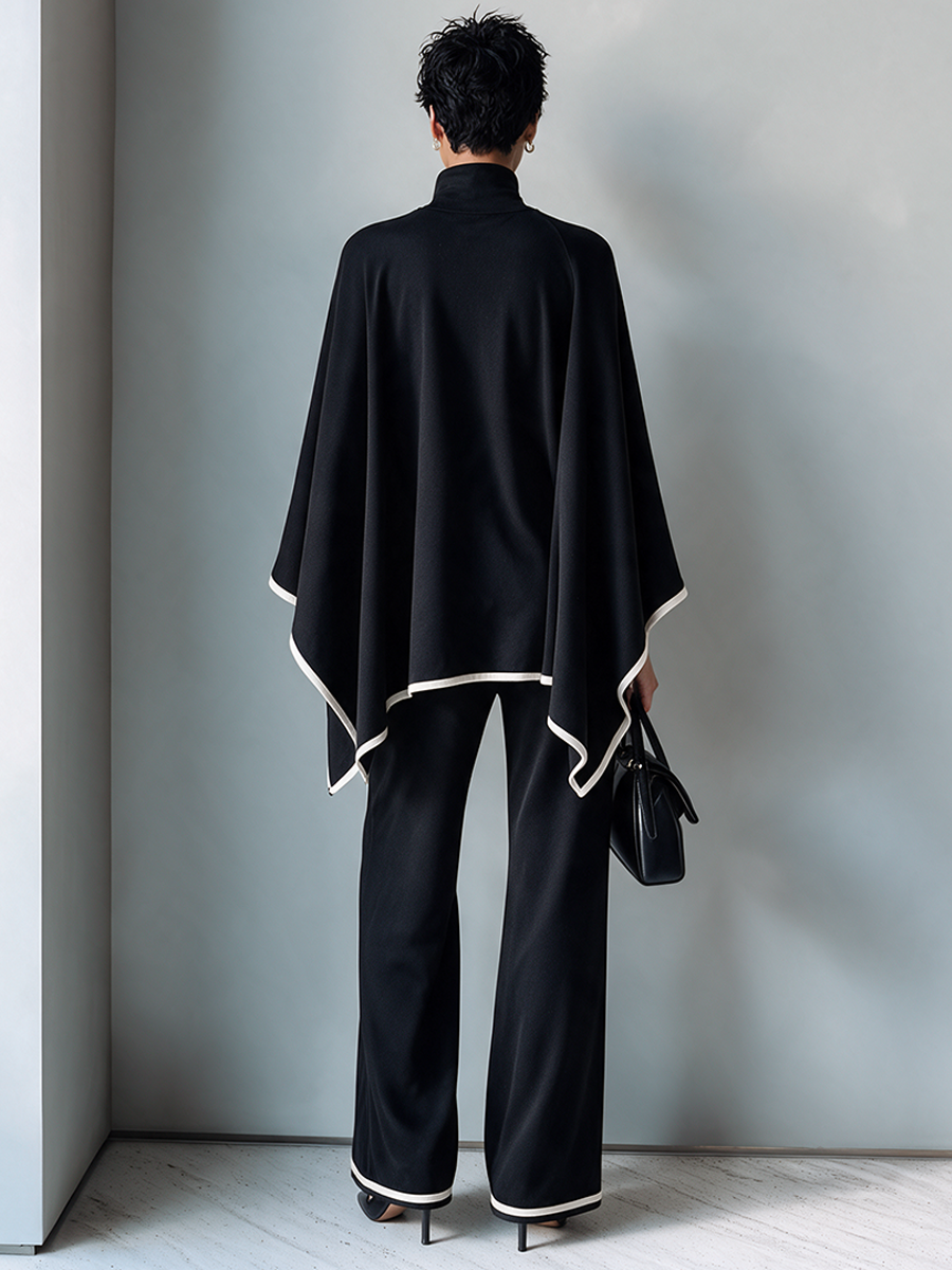 Women's High-Neck Long-Sleeve Set With Cape-Style Sleeves And Contrast Trim