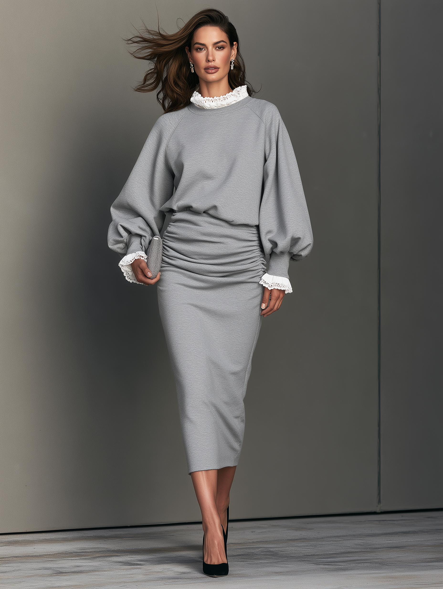 Women's Casual Long-Sleeve Maxi Dress Featuring A Grey Sweatshirt-Style Bodice Spliced With Lace