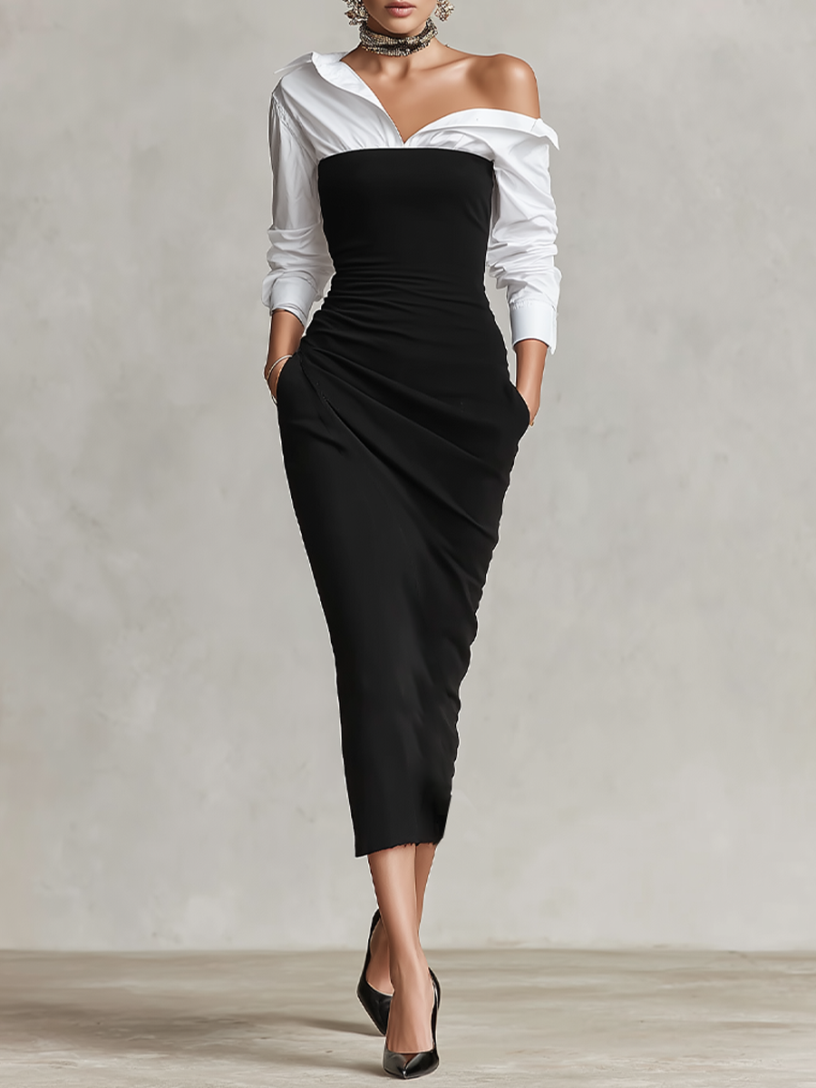 Women's Two-Tone Off-Shoulder Ruched Bodycon Midi Dress with Shirt Sleeves