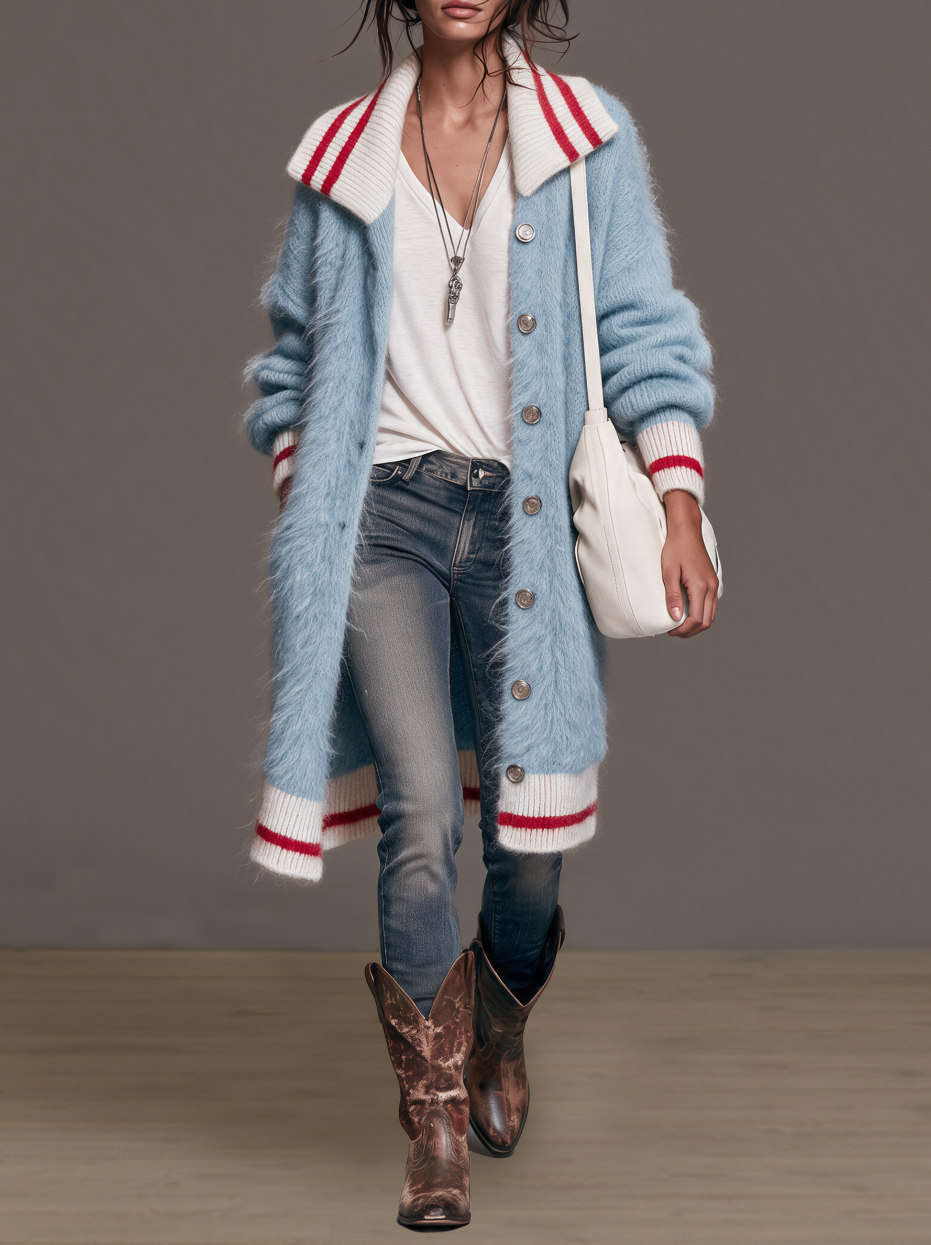 Women's Vintage Mohair Single-Breasted Cardigan With Lapel Collar
