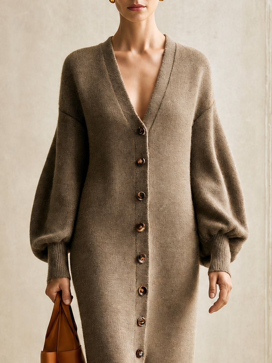Women's V-Neck Button-Front Balloon Sleeve Knit Maxi Cardigan Dress