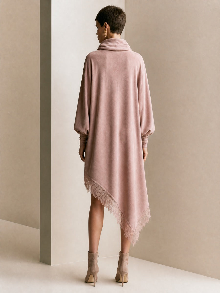 Women's Cowl Neck Pink Lace Trim Midi Dress