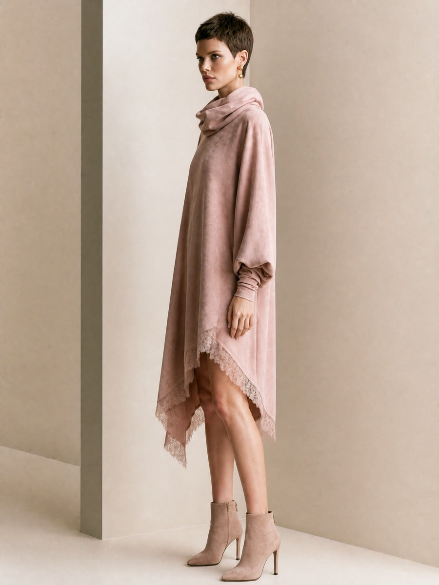 Women's Cowl Neck Pink Lace Trim Midi Dress