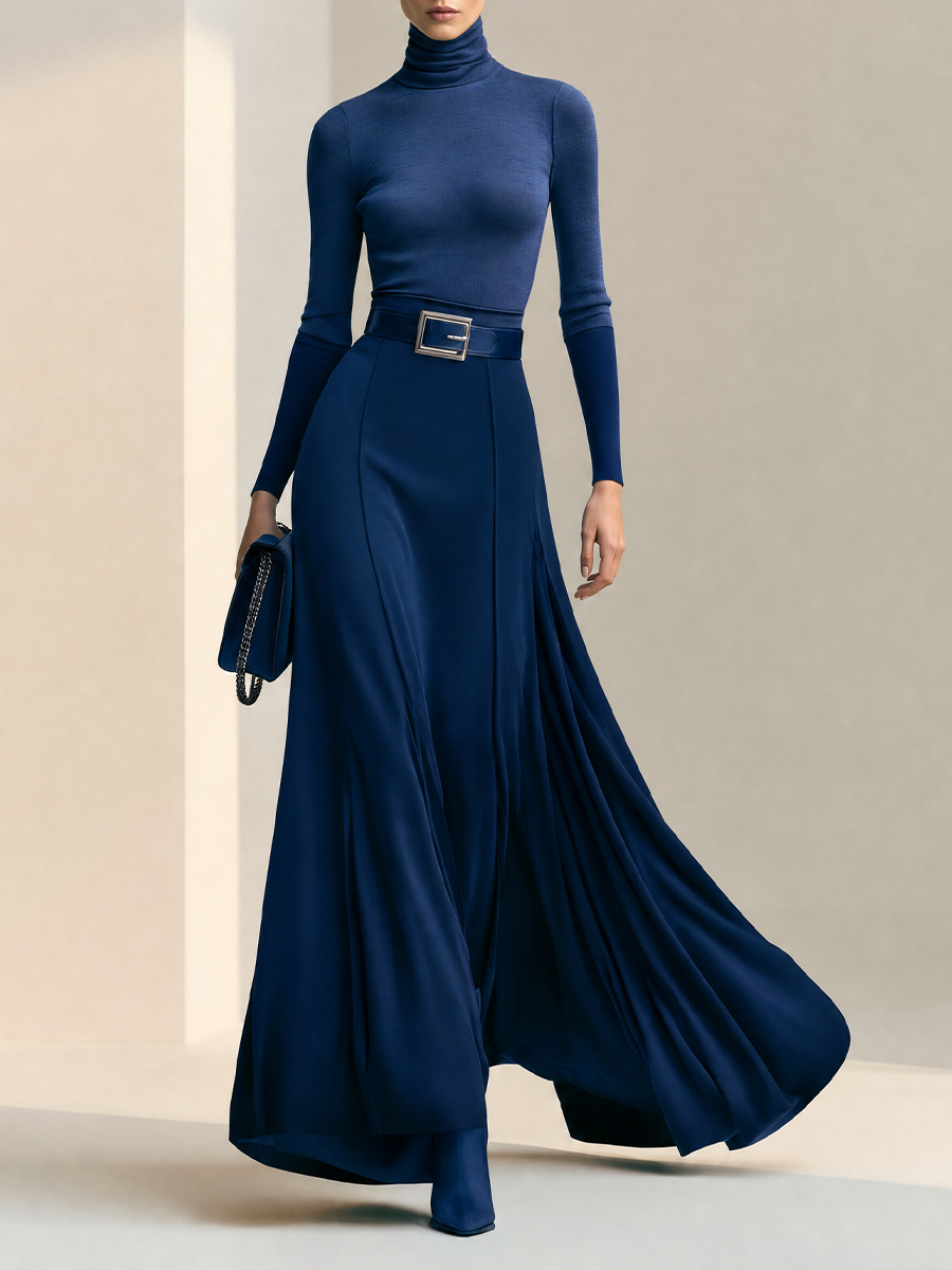 Women's Elegant Navy Turtleneck Top & Flowy Maxi Skirt Set (Without Belt)