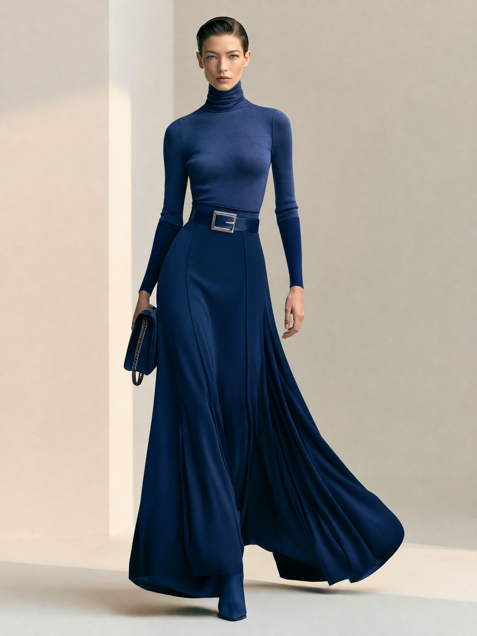 Women's Elegant Navy Turtleneck Top & Flowy Maxi Skirt Set (Without Belt)