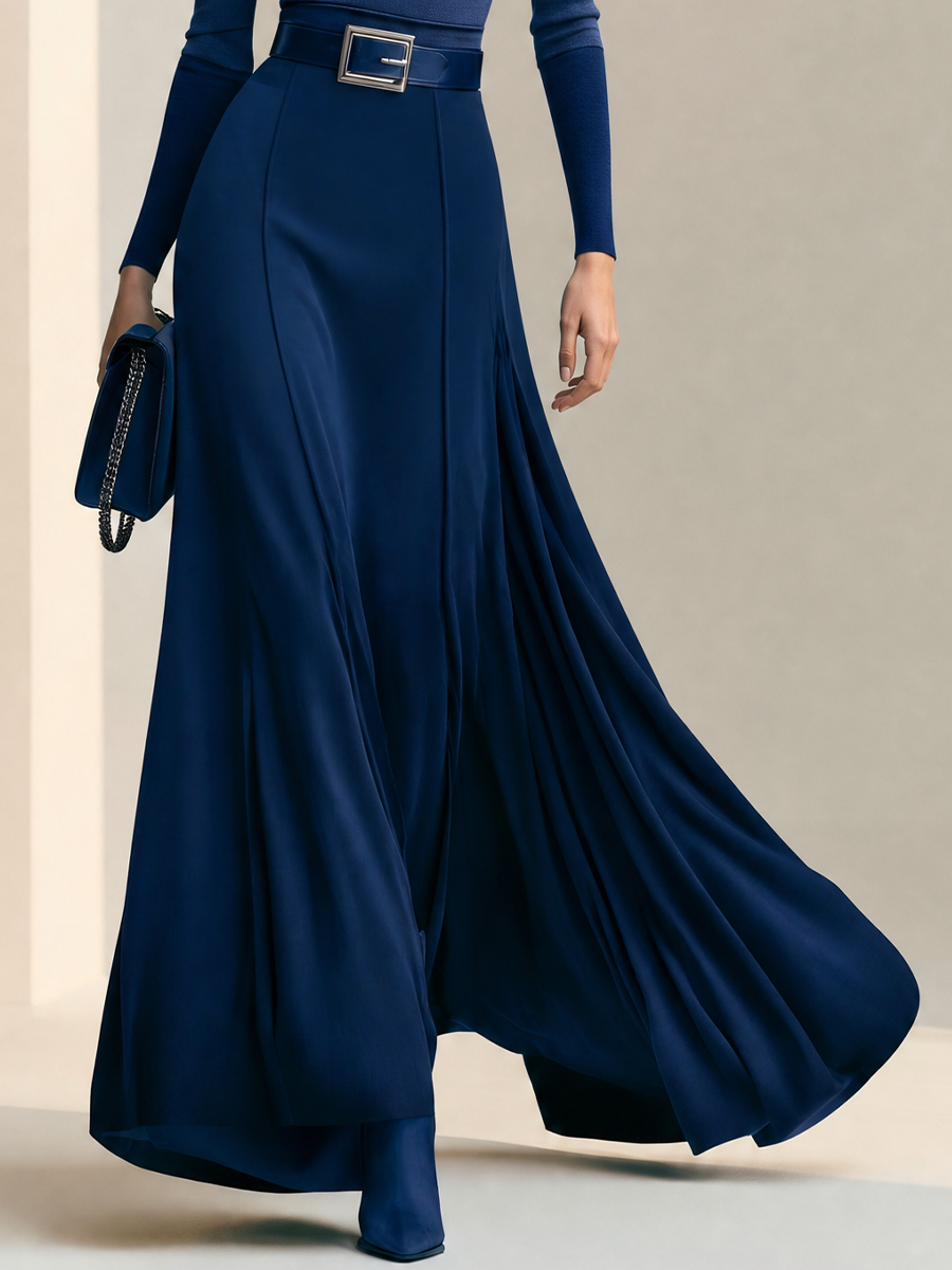 Women's Elegant Navy Turtleneck Top & Flowy Maxi Skirt Set (Without Belt)