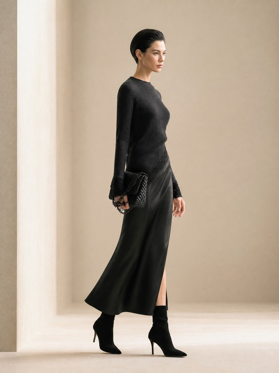 Women's Lace Trim Black Knit Satin Set