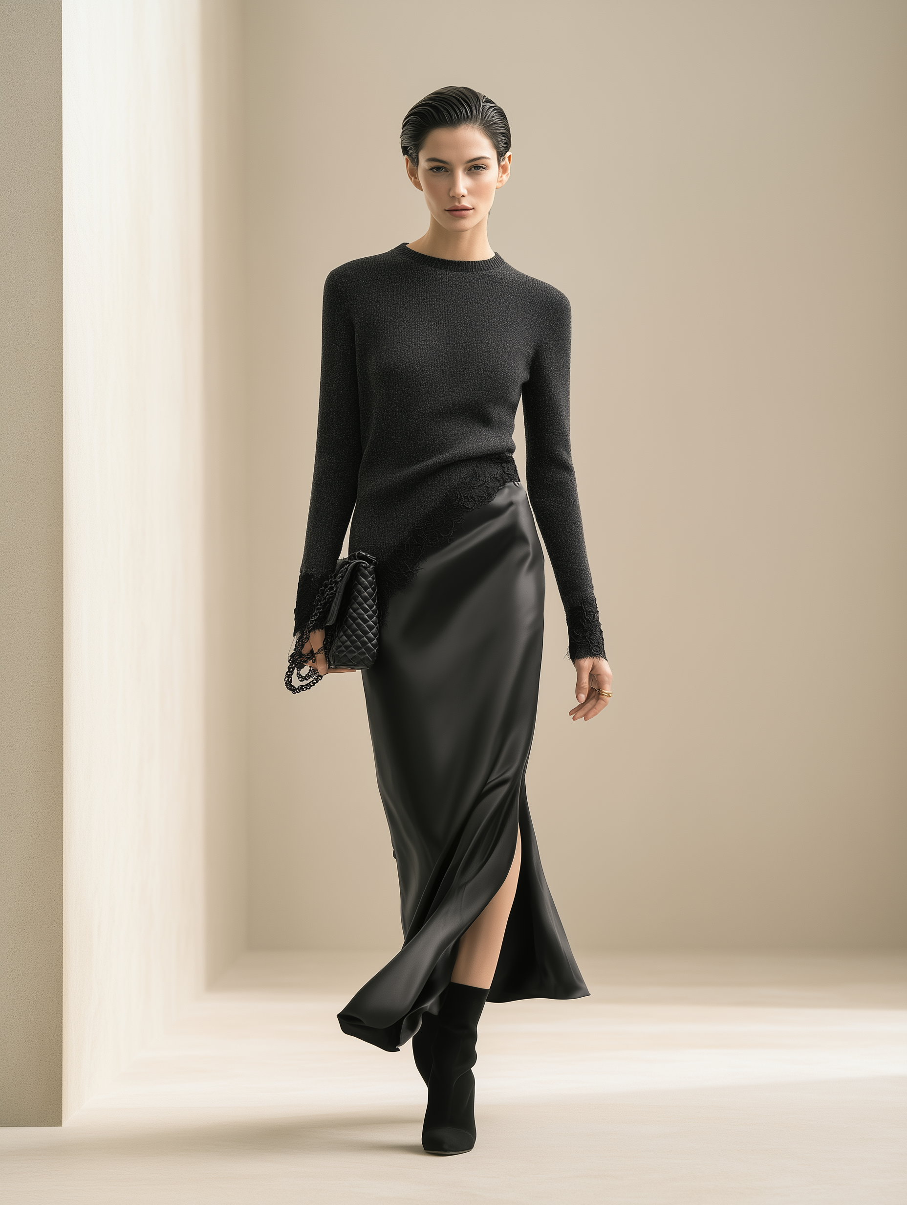 Women's Lace Trim Black Knit Satin Set