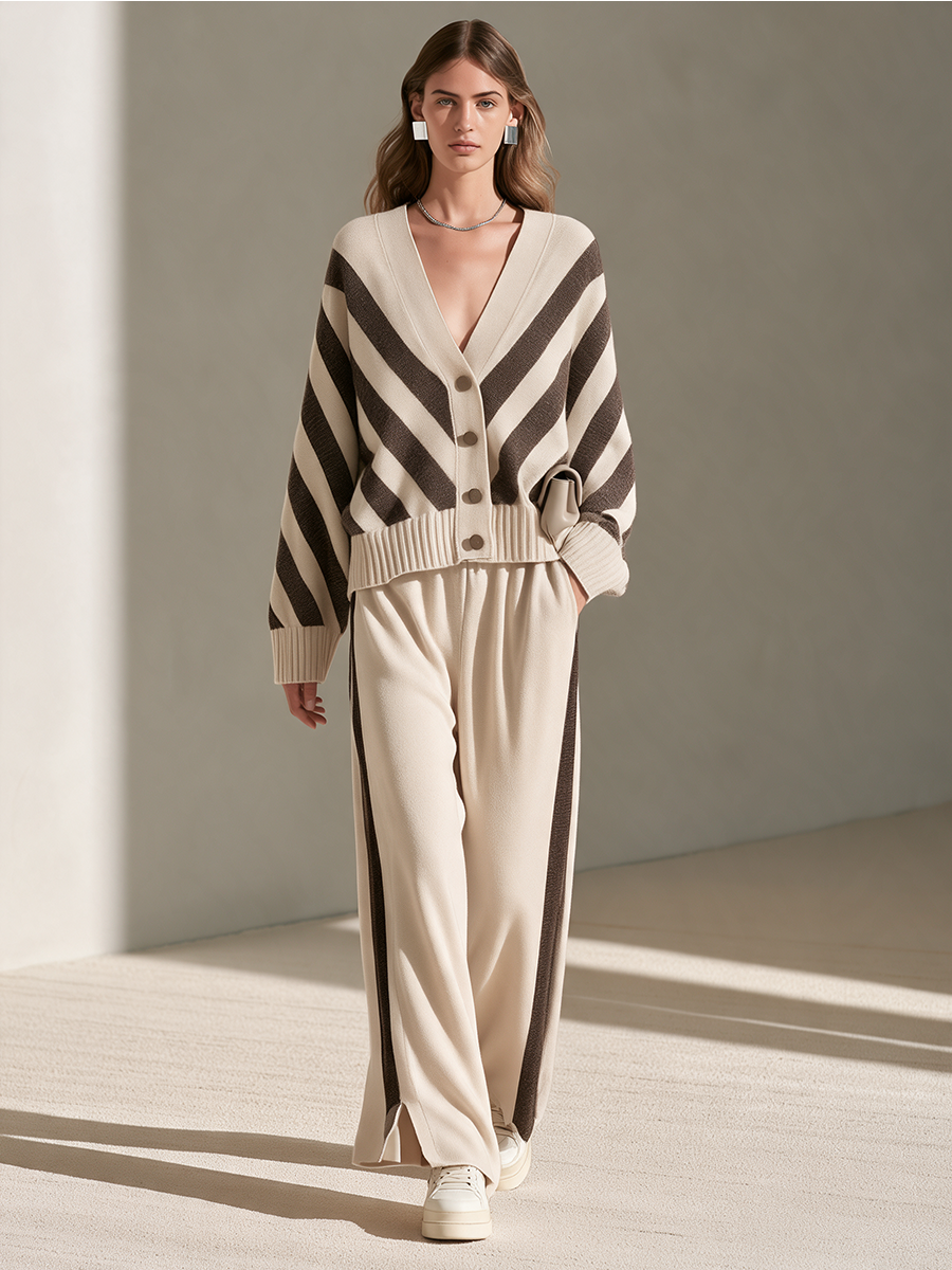 Women's Beige Contrast-Stripe V-Neck Button Cardigan & Side-Stripe Wide-Leg Trouser Set