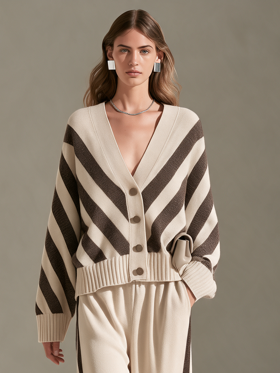 Women's Beige Contrast-Stripe V-Neck Button Cardigan & Side-Stripe Wide-Leg Trouser Set
