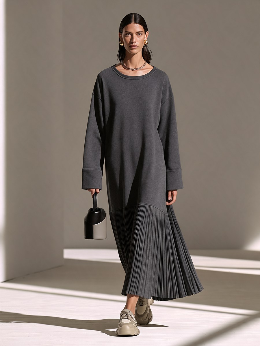 Women's Dark-Grey Round-Neck Drop-Shoulder Pleated-Hem Sweatshirt Maxi Dress