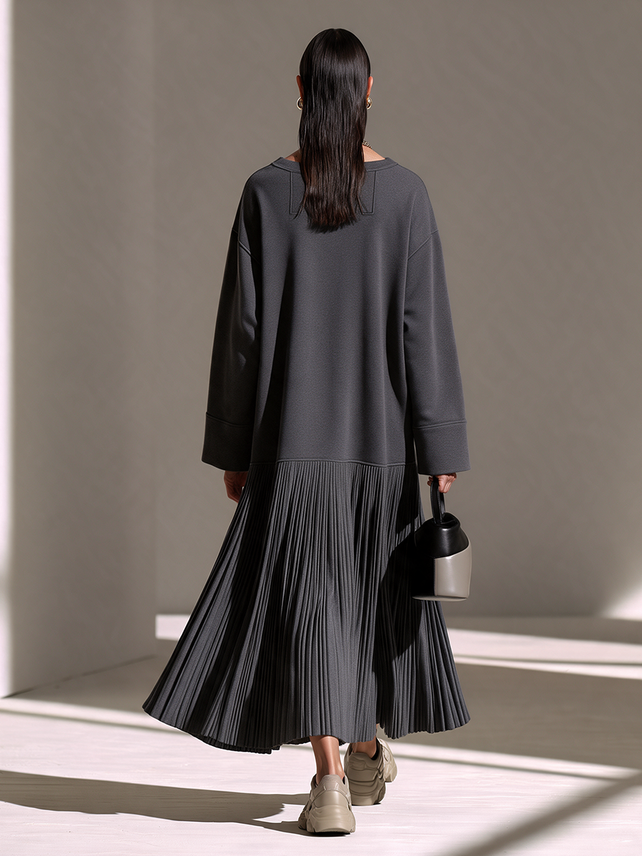 Women's Dark-Grey Round-Neck Drop-Shoulder Pleated-Hem Sweatshirt Maxi Dress