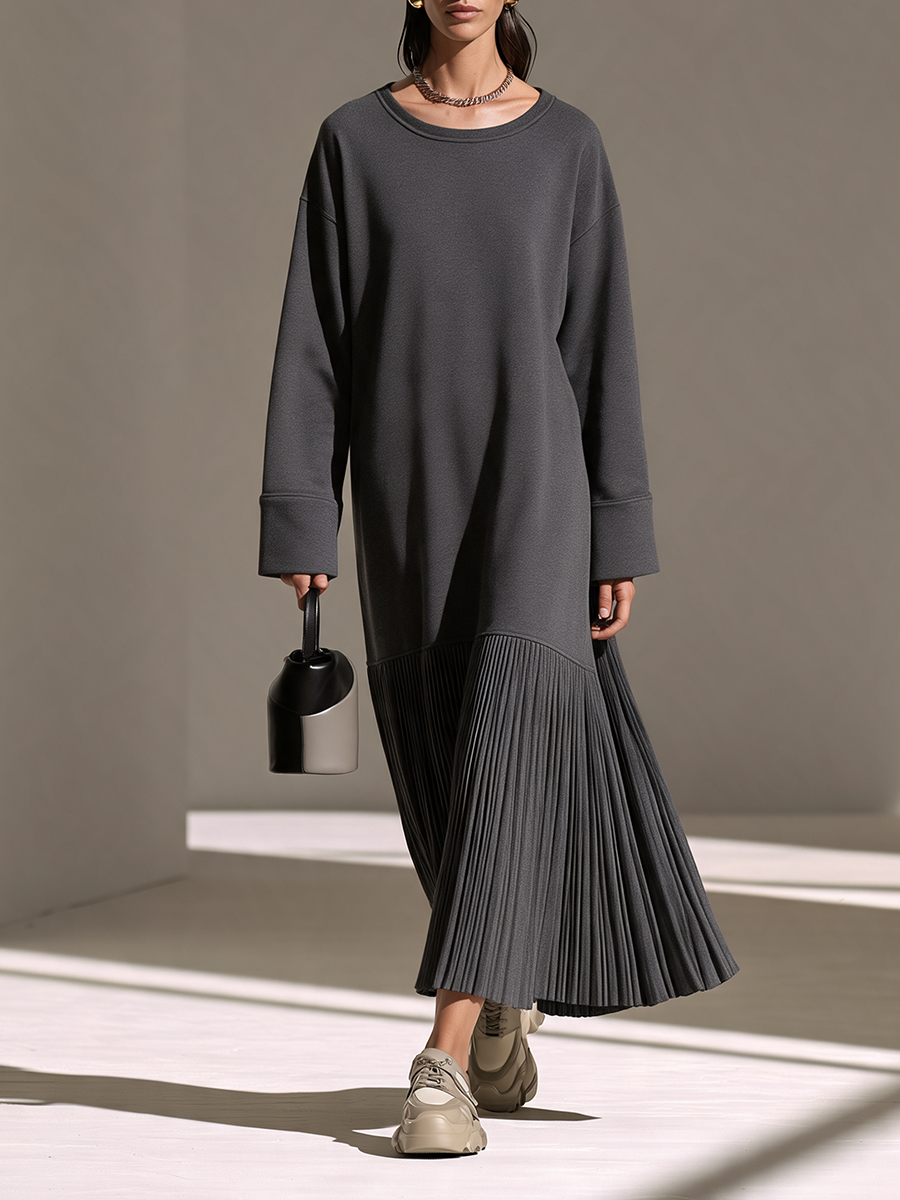 Women's Dark-Grey Round-Neck Drop-Shoulder Pleated-Hem Sweatshirt Maxi Dress