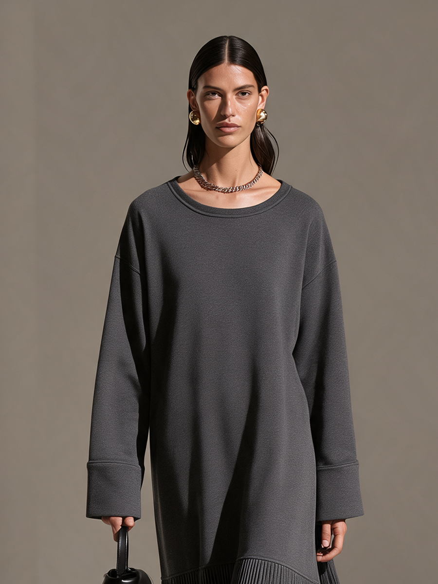 Women's Dark-Grey Round-Neck Drop-Shoulder Pleated-Hem Sweatshirt Maxi Dress