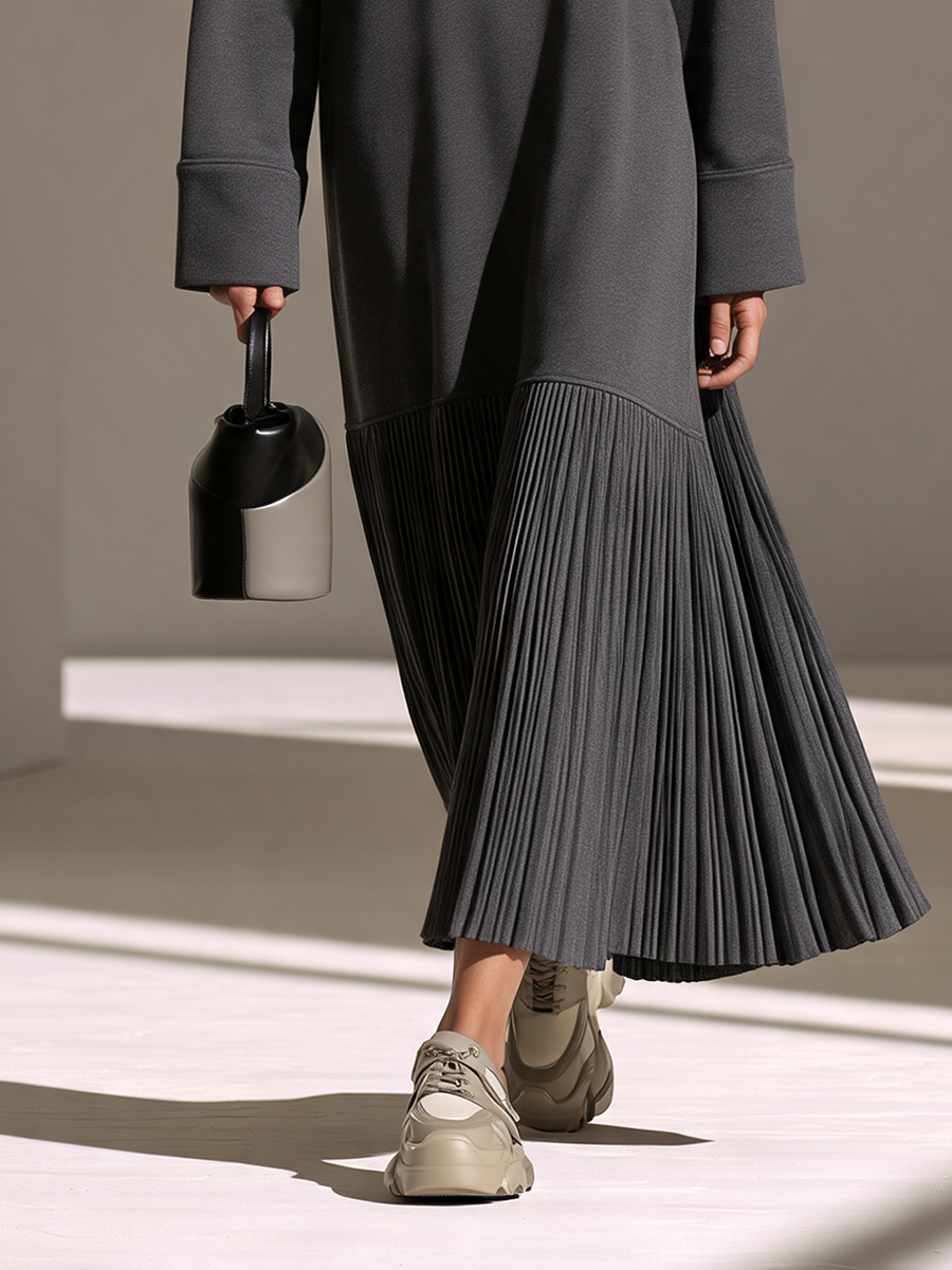 Women's Dark-Grey Round-Neck Drop-Shoulder Pleated-Hem Sweatshirt Maxi Dress