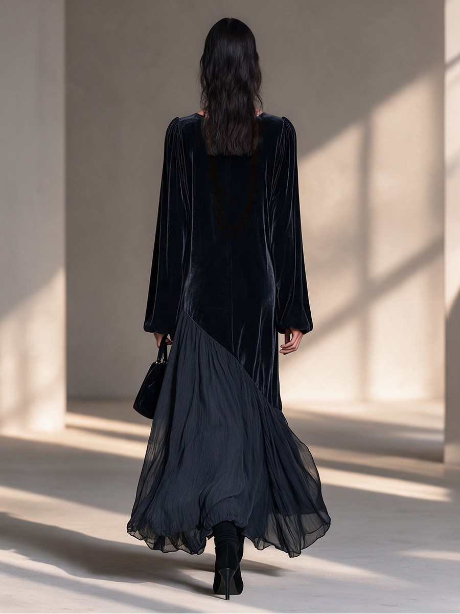 Women's Black Round-Neck Blouson-Sleeve Velvet-and-Chiffon Asymmetric Full-Skirt Maxi Dress