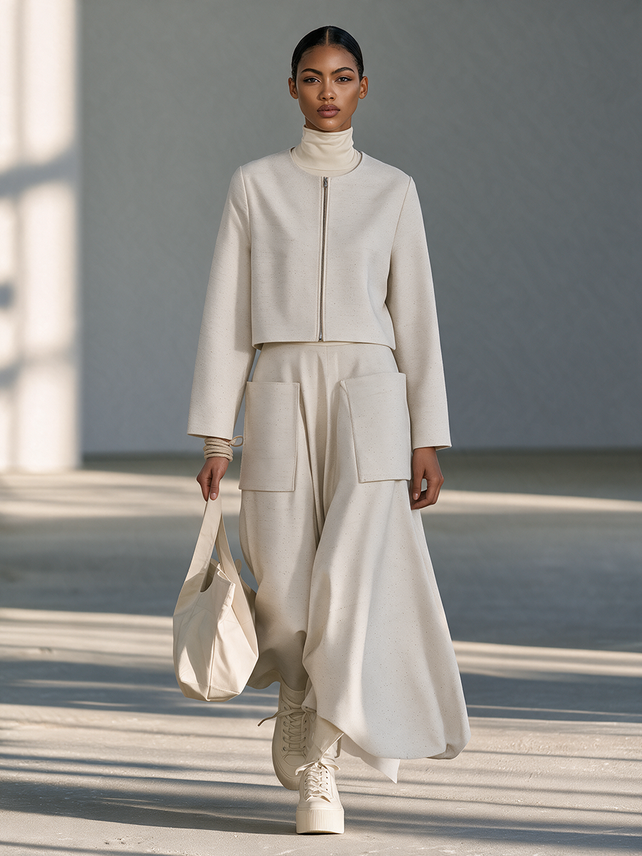 Women's Ivory Round-Neck Zip Cropped Jacket & Patch-Pocket Maxi Skirt Set