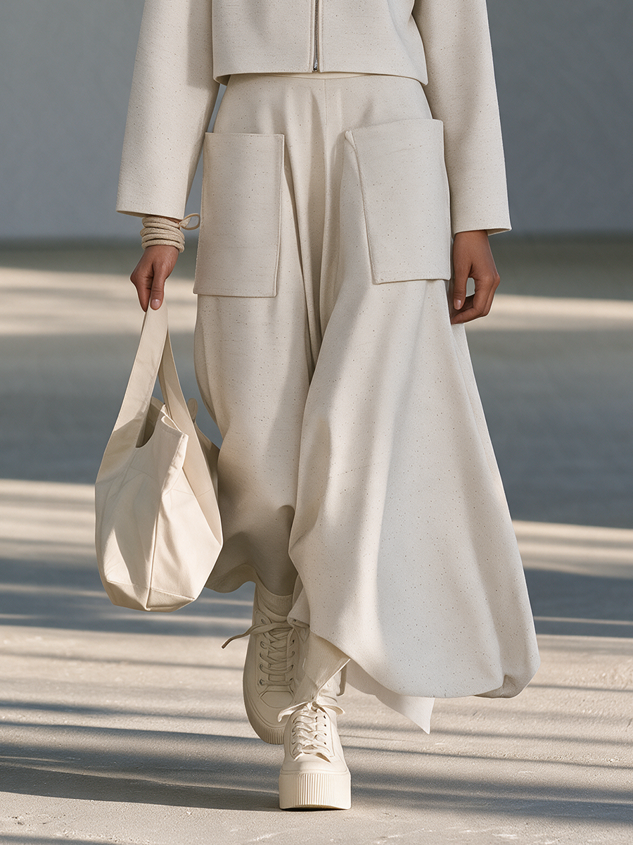 Women's Ivory Round-Neck Zip Cropped Jacket & Patch-Pocket Maxi Skirt Set