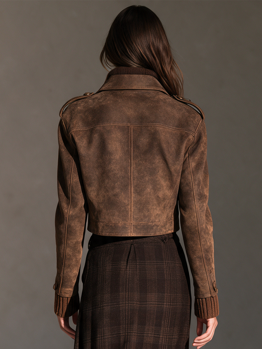 Women's Brown Collared Covered-Button Epaulette Cropped Faux-Suede Jacket