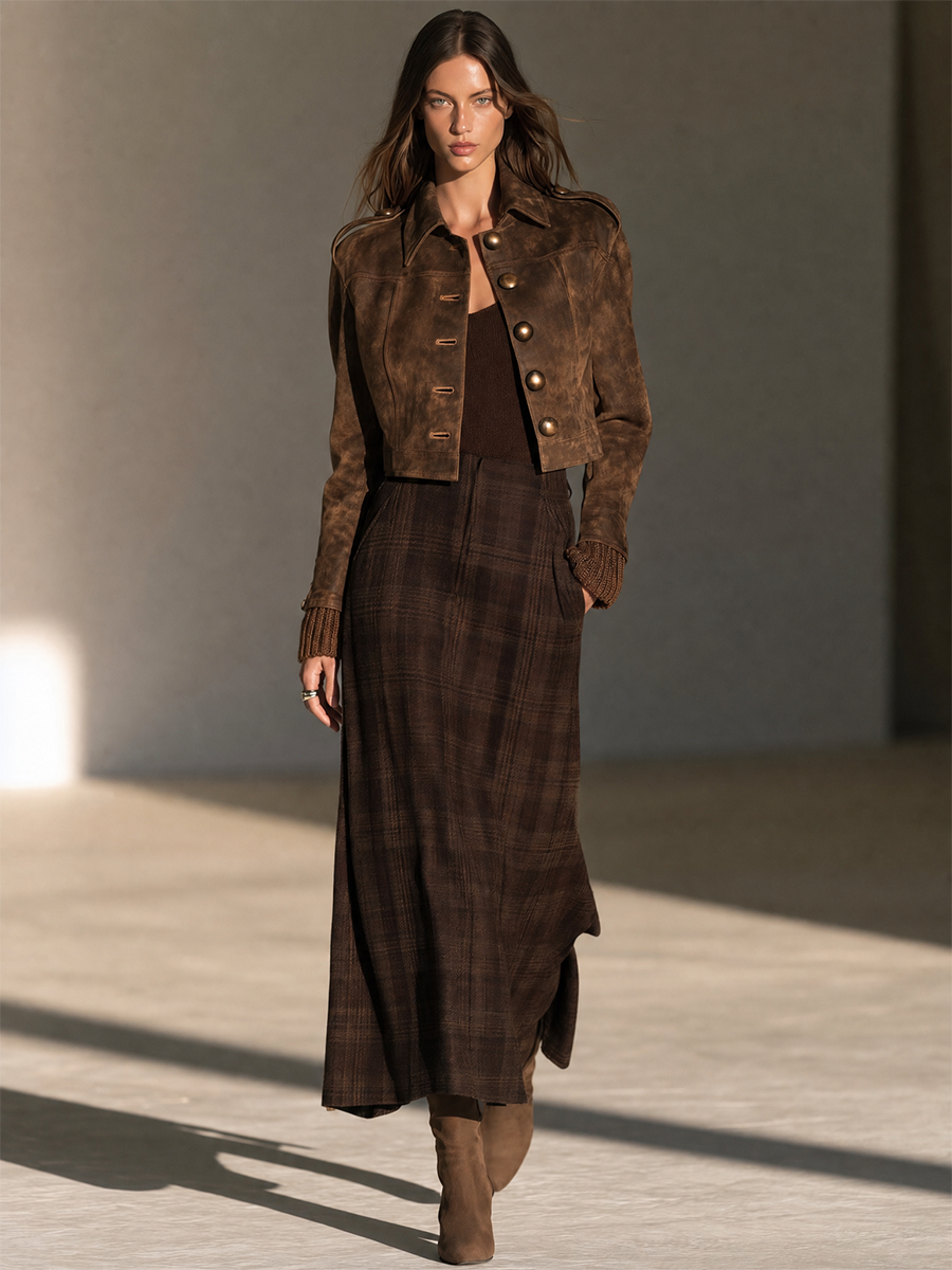 Women's Brown Collared Covered-Button Epaulette Cropped Faux-Suede Jacket