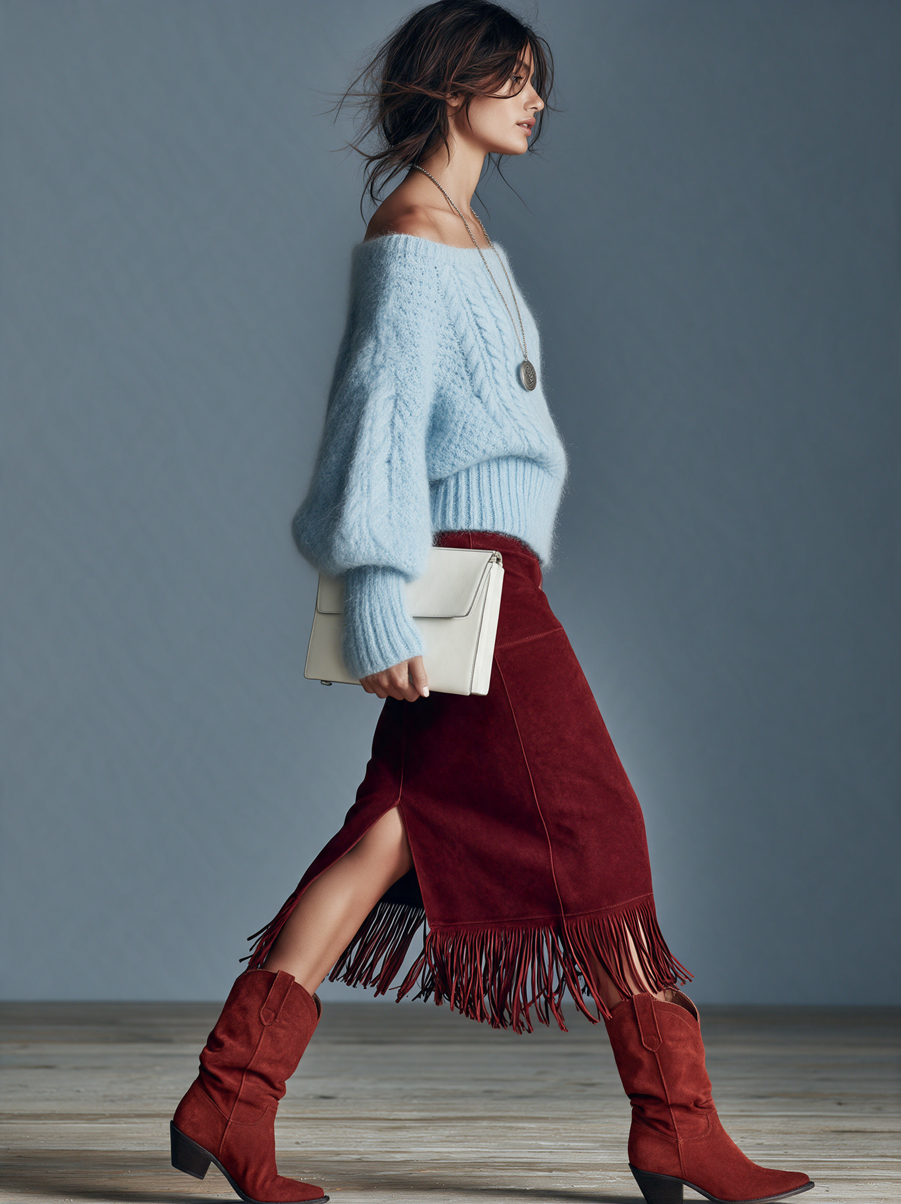 Women's Vintage Suede Straight-Cut Skirt With Fringed Hem