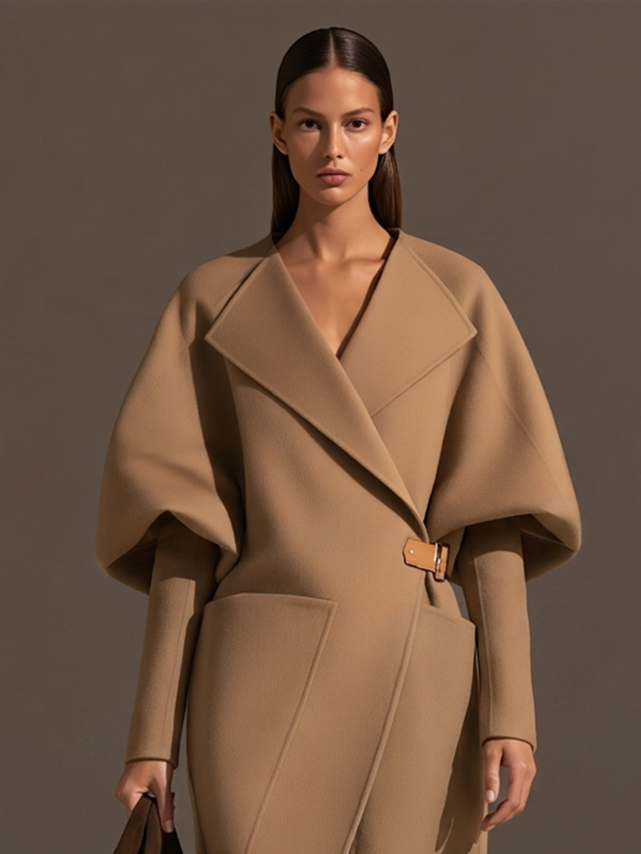 Women's Oversized-Lapel Cocoon Puff-Sleeve Leather-Buckle Belted Patch-Pocket Longline Wool Coat
