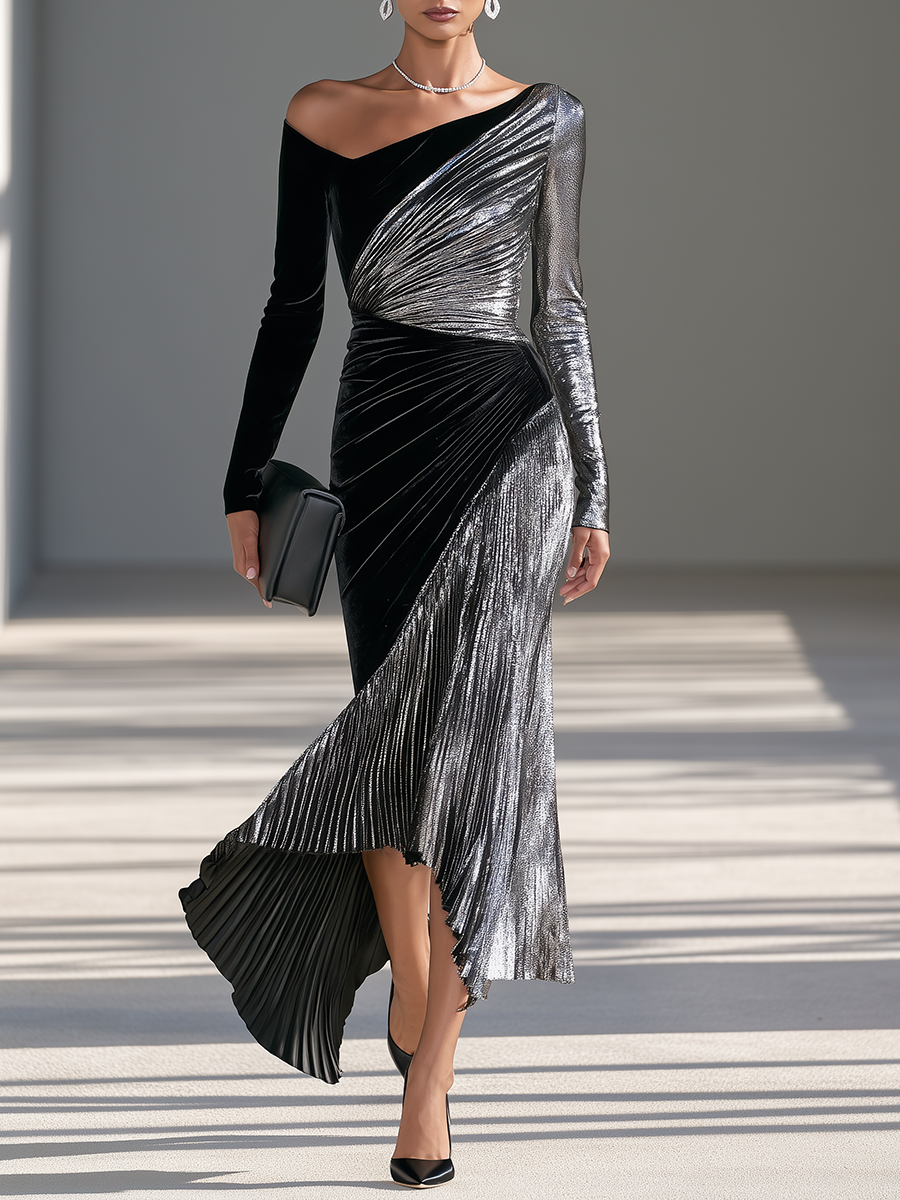 Women's Black-and-Silver Contrast Asymmetric One-Shoulder Long-Sleeve Velvet-and-Metallic-Plissé Mermaid Maxi Dress