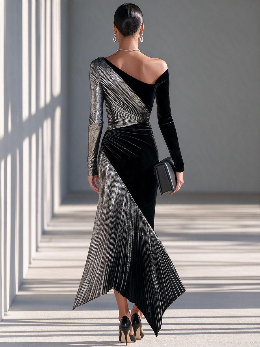 Women's Black-and-Silver Contrast Asymmetric One-Shoulder Long-Sleeve Velvet-and-Metallic-Plissé Mermaid Maxi Dress
