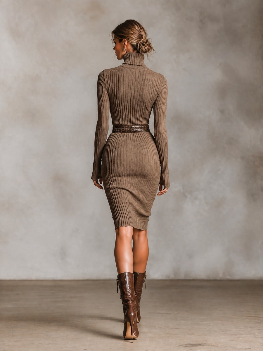 Women's Cutout Shoulder Turtleneck Ribbed Knit Bodycon Sweater Dress (Without Belt)