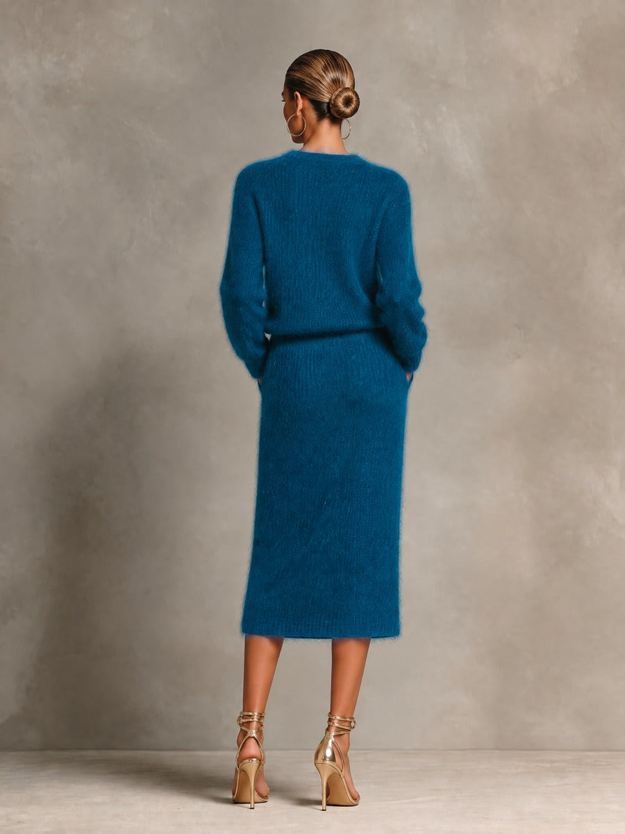 Women's Fuzzy Sweater And Wrap Midi Skirt Knit Set